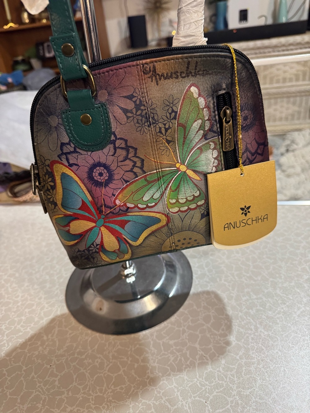 Anuschka Multicolor Butterfly Crossbody Bag with Green Strap